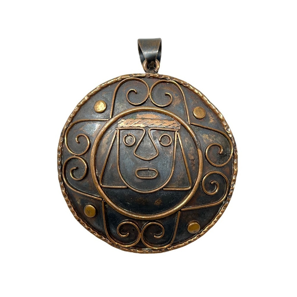 Vintage Signed Artisan Copper Large Pendant Modernist Tribal Face – Mixed Metal